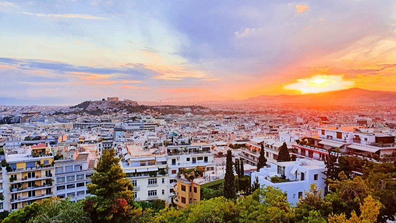 Utsikt over Athen ved solnedgang